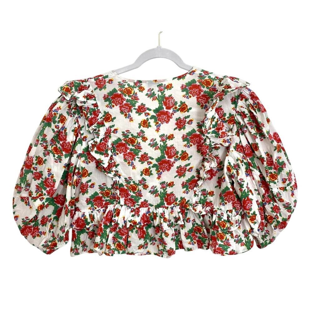 RHODE Elodie Top Floral Ruffle Cotton Cropped Blouse Puff Sleeve Tuckernuck - Picture 6 of 8